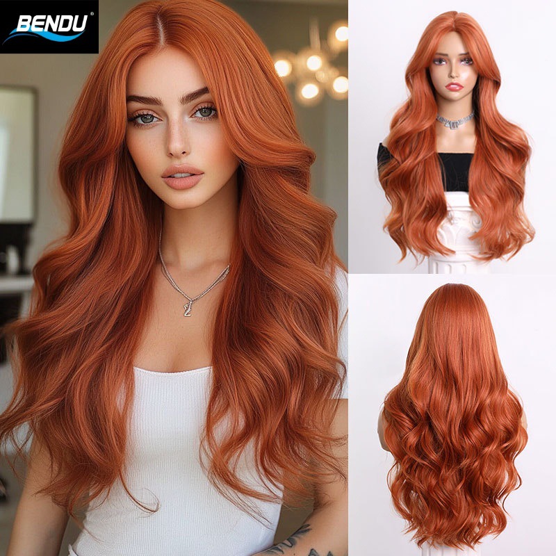 New wig for women, bright orange large wavy long hair, mid-parted chemical fiber wig, wholesale in Yiwu, long curly hair