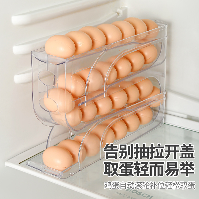 Household rolling egg storage box, kitchen multi-layer beveled automatic egg roller, refrigerator side door egg tray, preservation box Application Scenario