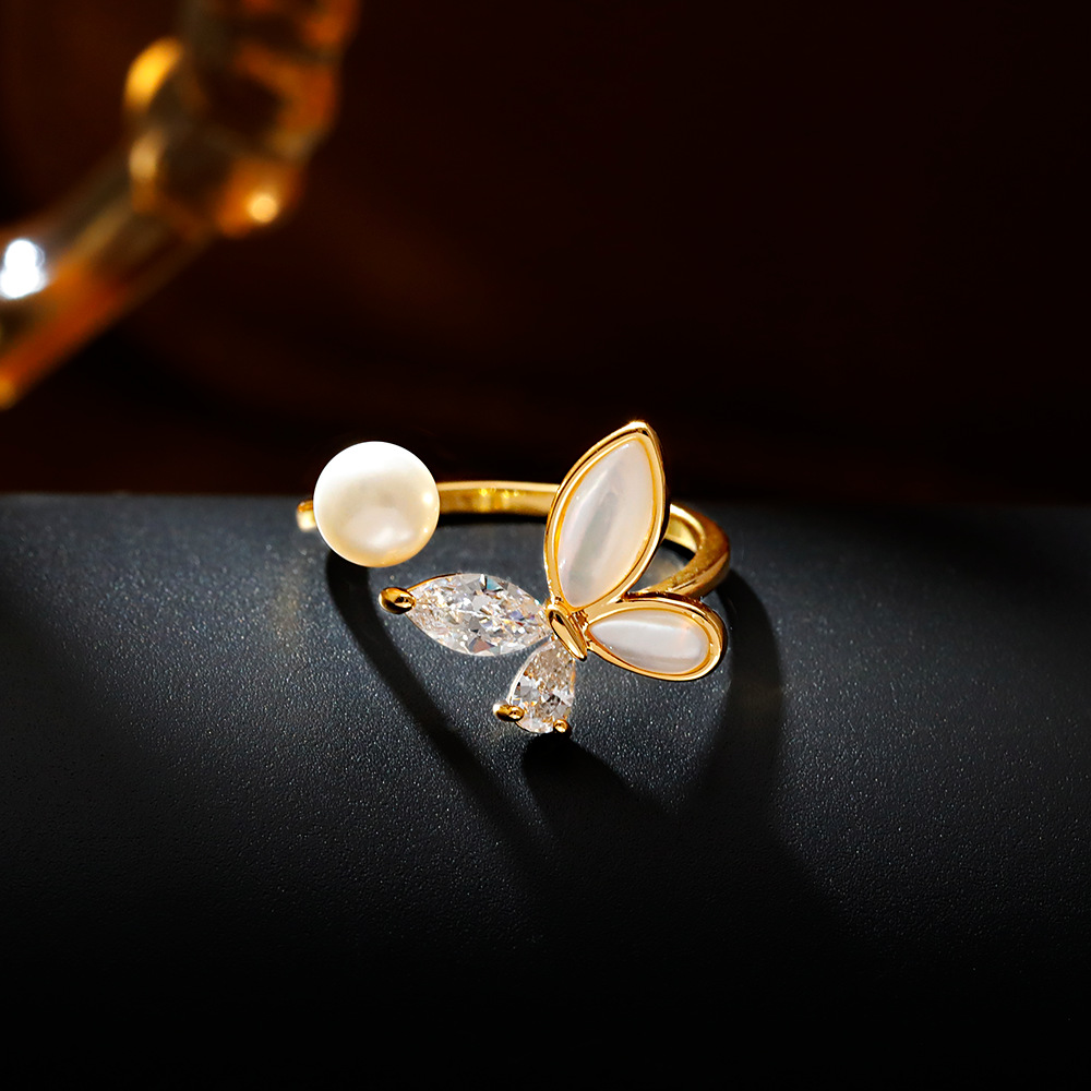 Hyacinth时尚轻奢蝴蝶贝壳锆石开口戒指女款小众设计感百搭食指戒抖音爆款产品图