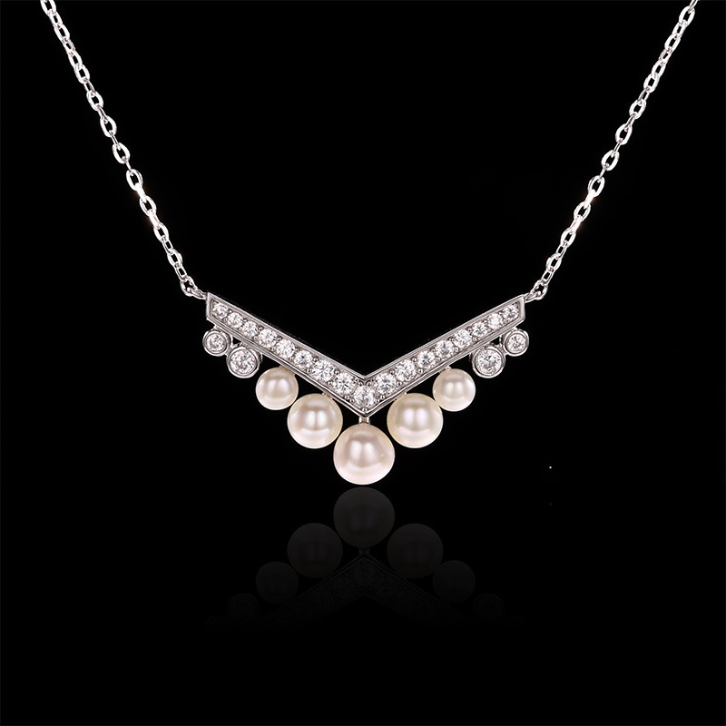 卓恒甄选925纯银淡水珍珠项饰小V镶钻锁骨链高级感轻奢时尚项链