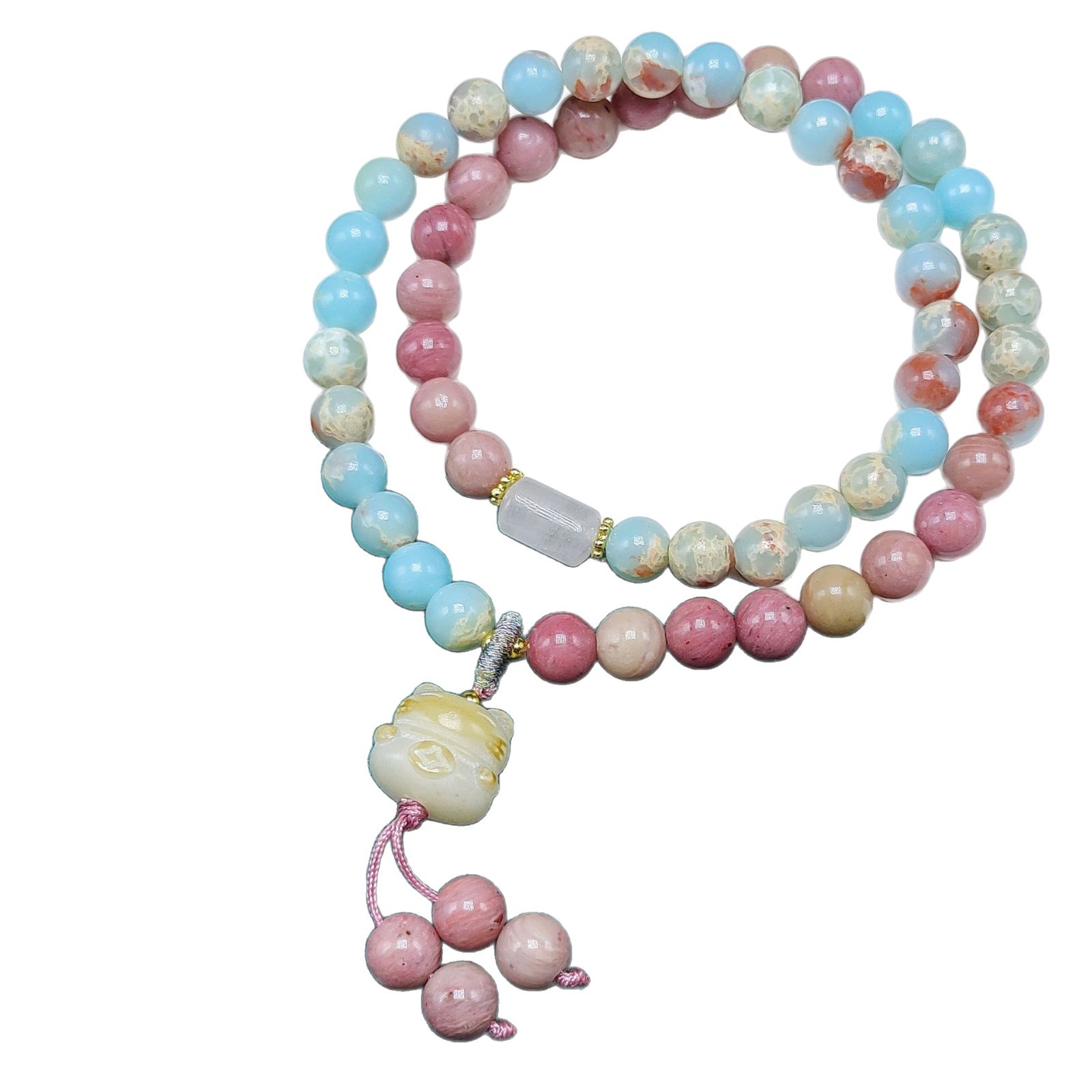 Double-ring natural stone bracelet, red wood grain stone with rose crystal lotus pod and pink rose. Red pattern stone bracelet for girls, with a sense of sophistication Item Picture