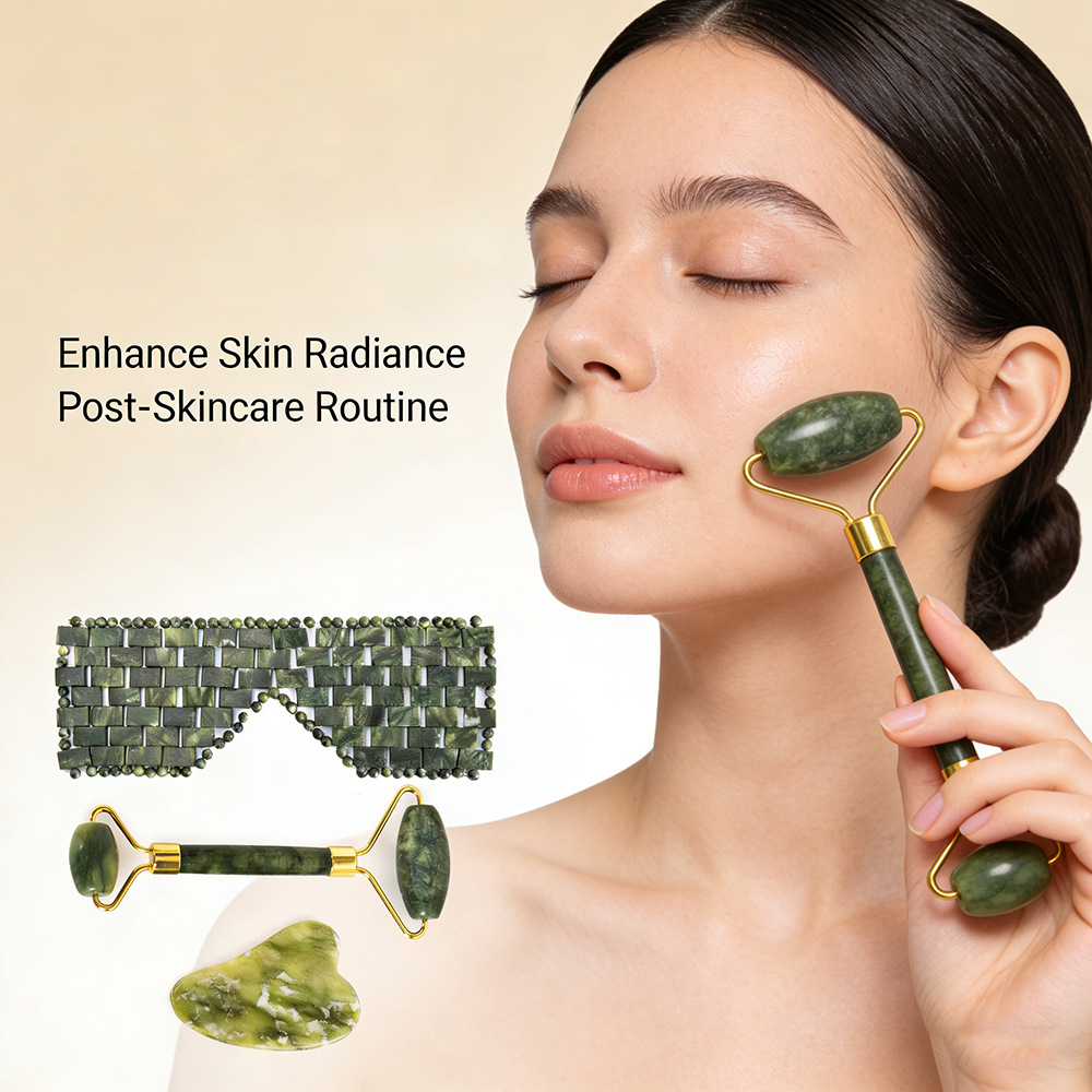 Three-piece jade eye mask, face mask, massage roller, gua sha board set, warm and cool facial beauty container Application Scenario