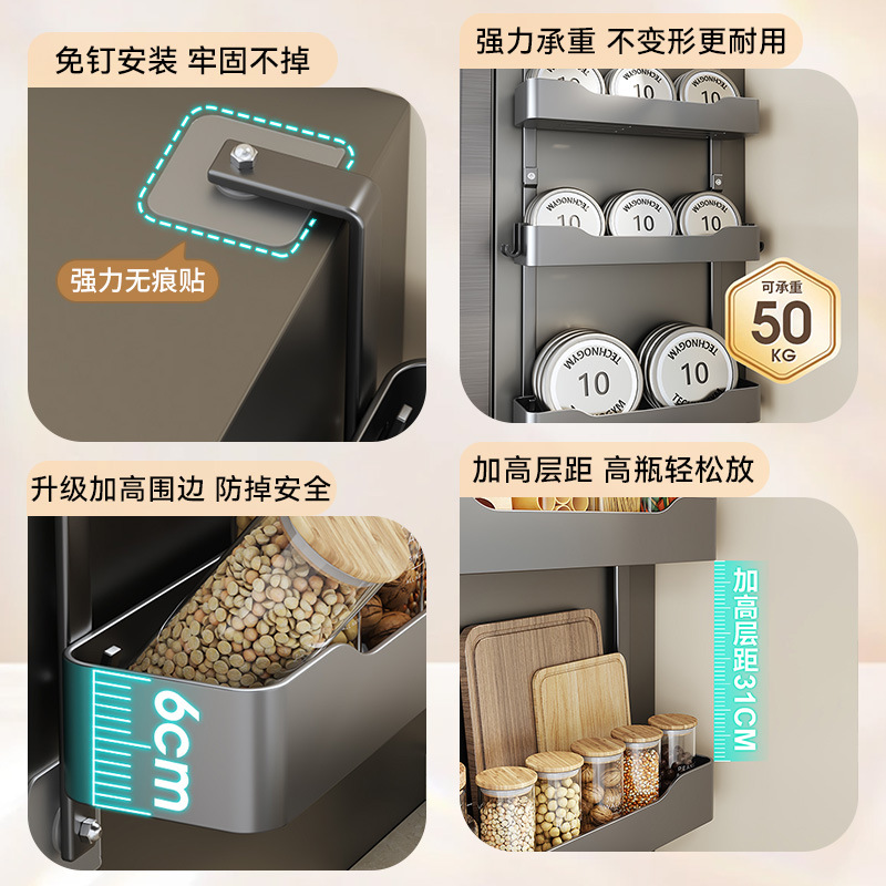 Cross-border wholesale of side storage racks for kitchen refrigerators, multi-functional seasonings and cling film storage wall hangers without drilling details Picture