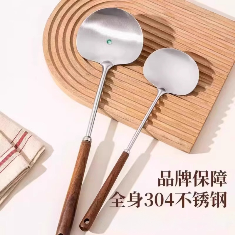 Stainless steel mushroom spatula, solid wood long-handled spatula, stir-frying spoon, household set, kitchen cooking tools, apple spatula details Picture