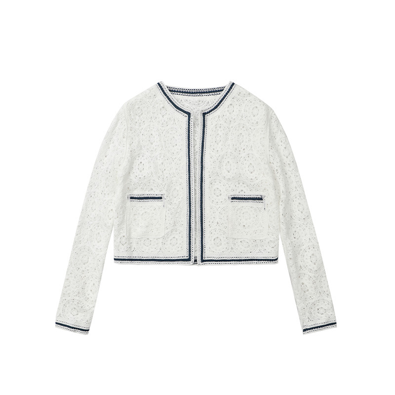 加工定制简约外搭钩花镂空针织开衫女圆领上衣长袖素色高级气质感