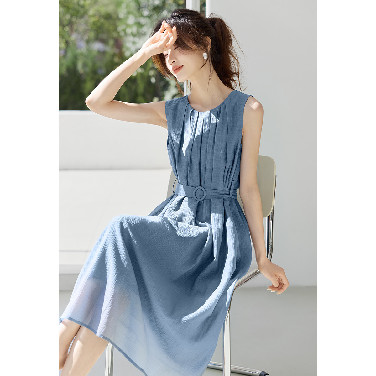 "Aura Lace-up waist-cinching Dress 2025 Summer New Round neck A-line dress. Specification image