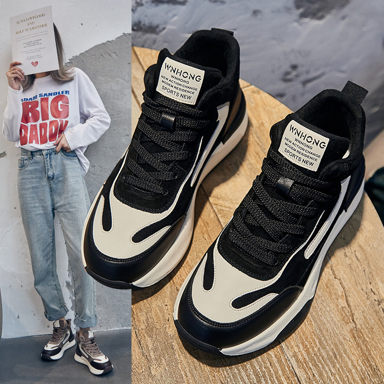 The 2026 Spring and autumn new genuine leather high-top dad shoes for women, thick-soled, color-blocking and fleece lace-up casual sneakers, are trendy on Instagram details Picture