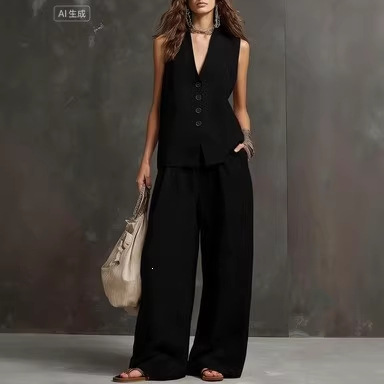 2026 cross-border European and American summer women's wear, laid-back style linen set, sleeveless vest + wide-leg pants, gentle and elegant details Picture