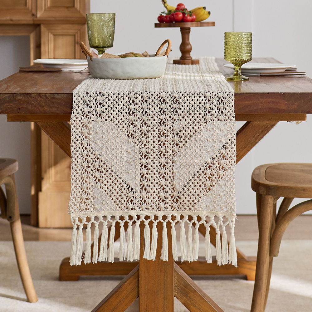 奶油风米字纹桌旗流苏镂空编织美式乡村农舍派对餐桌茶几装饰桌布细节图
