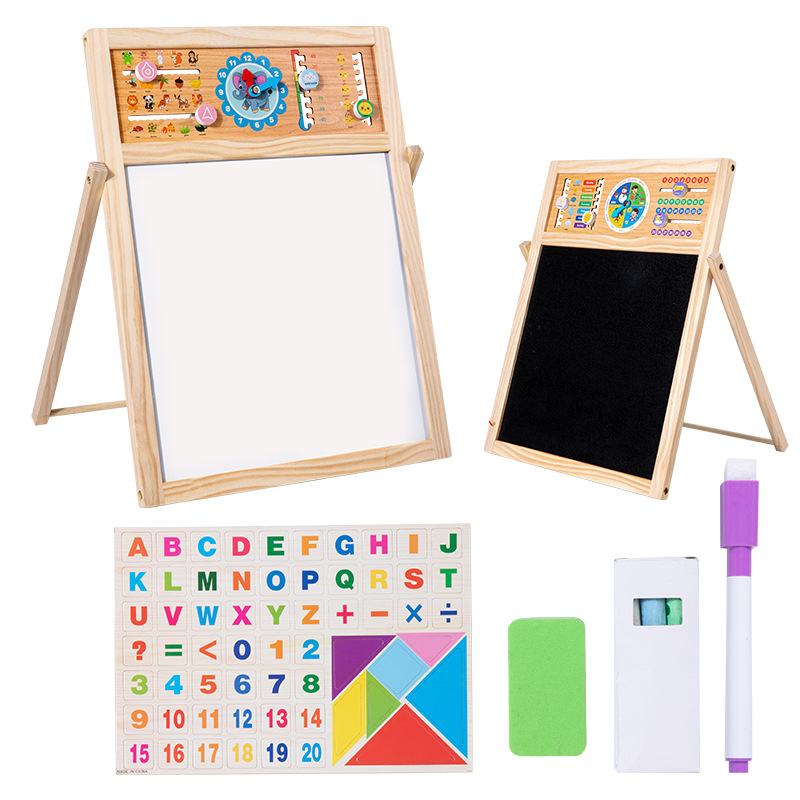 Wooden educational learning toys, multi-functional drawing and writing board, wooden children's writing board, double-sided magnetic drawing board for doodling Item Picture