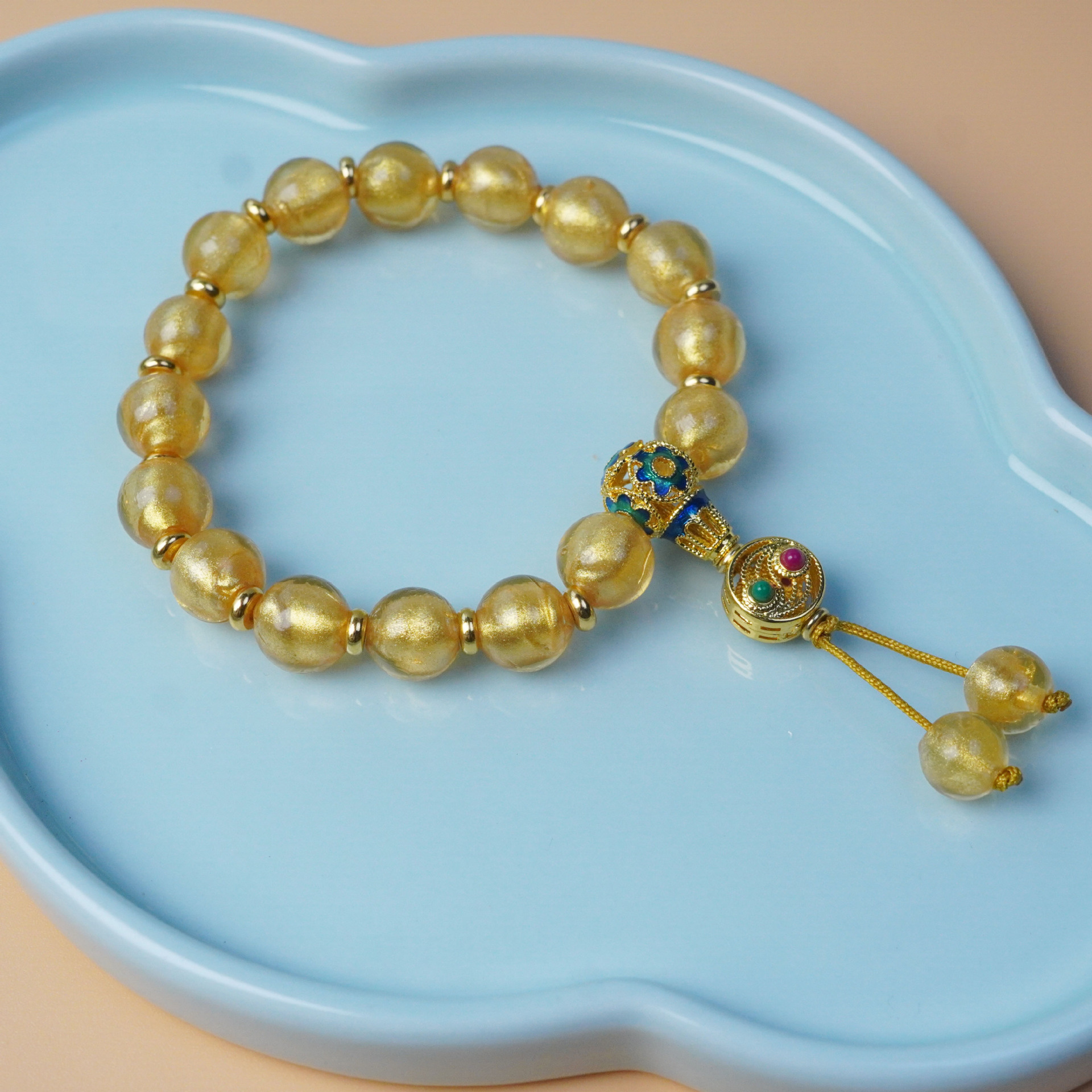 Yonghe incense ash glass bracelet, retro Chinese style, gold foil Buddhist prayer beads pendant, women's bracelet, beaded accessories
