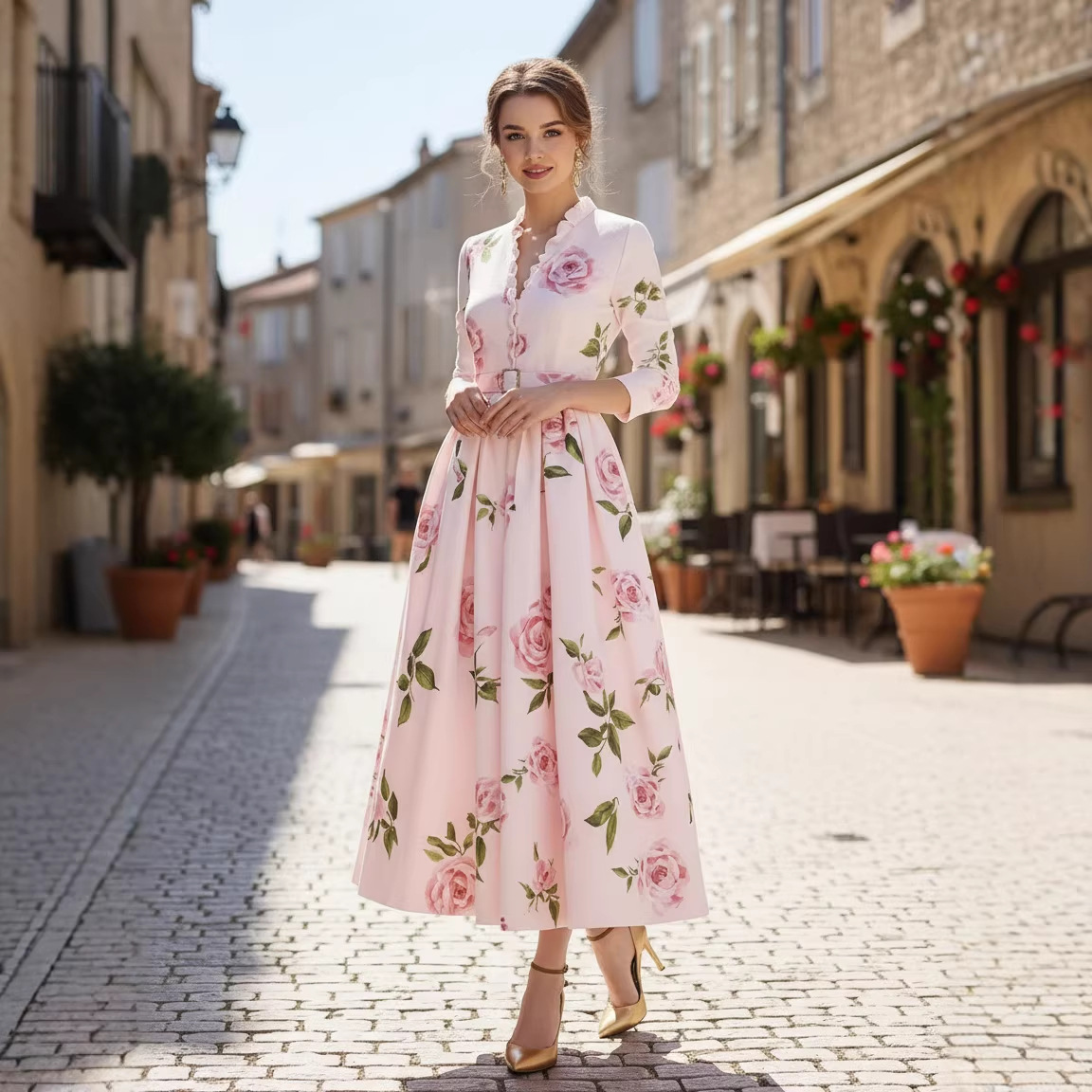 2026 Amazon Print V-neck cinched waist long-sleeved A-line women's dress Long dress, artistic, retro, fashionable and elegant details Picture