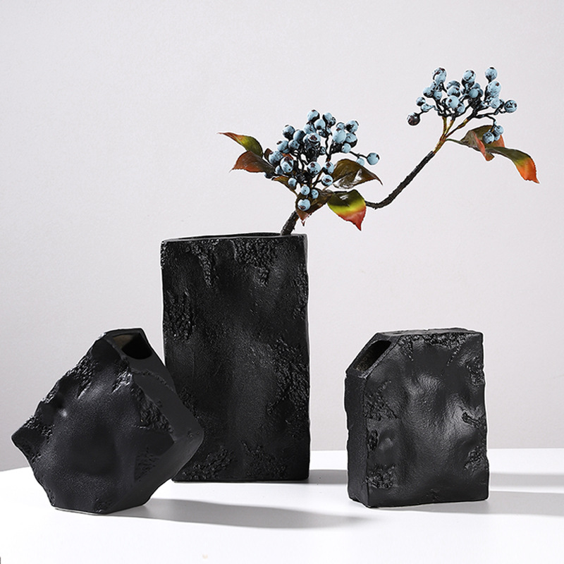 2025 High-end black and white texture square stone vase combination display, living room wine cabinet, dried flower arrangement, soft decoration handicraft Application Scenario
