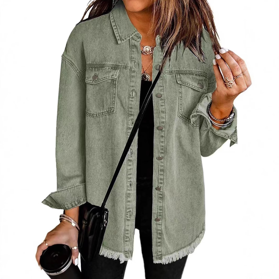 New cross-border washed denim shirt jacket for 2024, a stylish streetwear jacket with a brushed hem for European and American women's autumn and winter Application Scenario