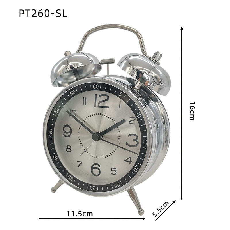 Good sales silent clock, 4-inch metal bell clock, surface scale electroplated alarm clock, double bell silent with light, aluminum surface