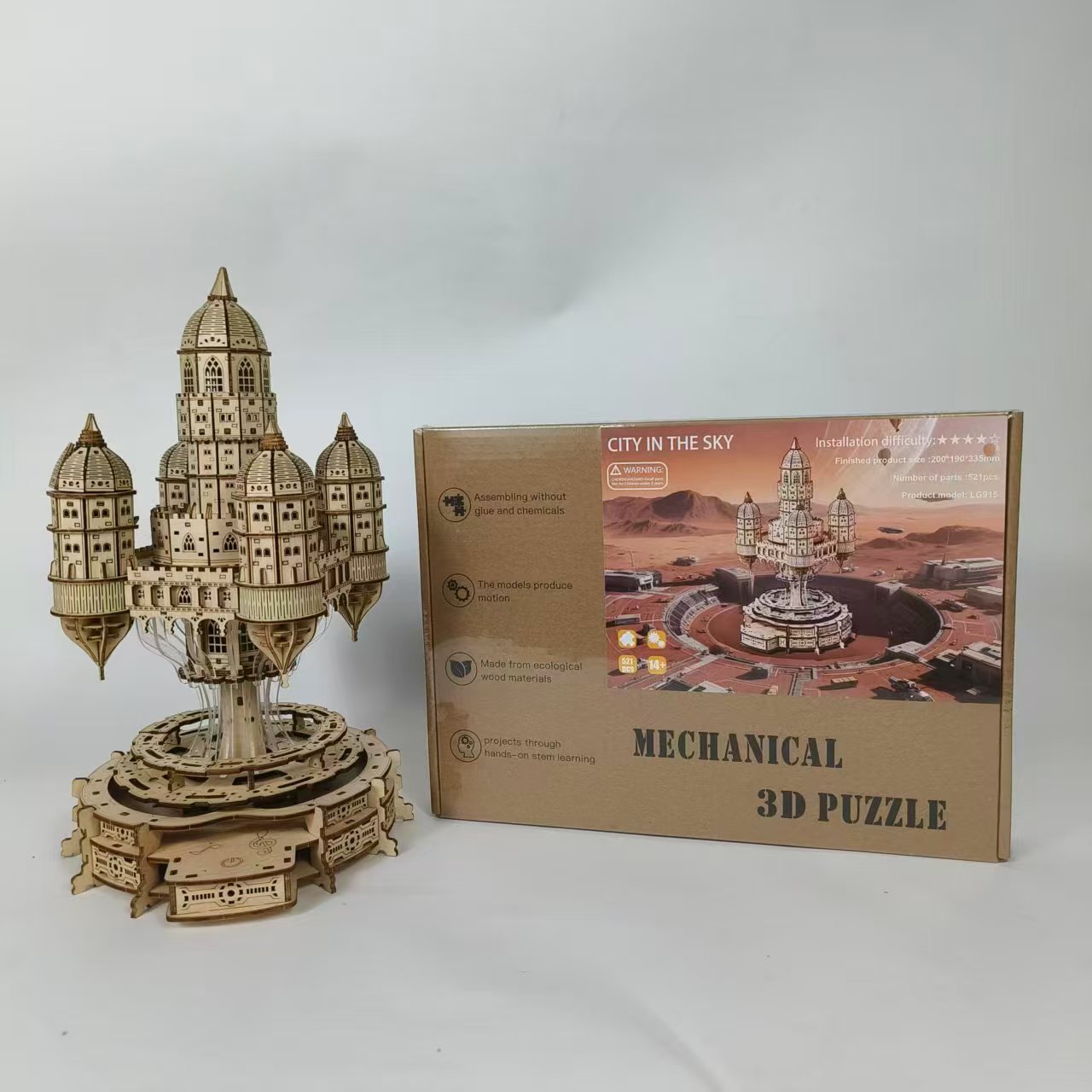 Cross-border bestseller "Sky City with Lights" 3D stereoscopic puzzle assembly wooden model educational toy creative display piece details Picture