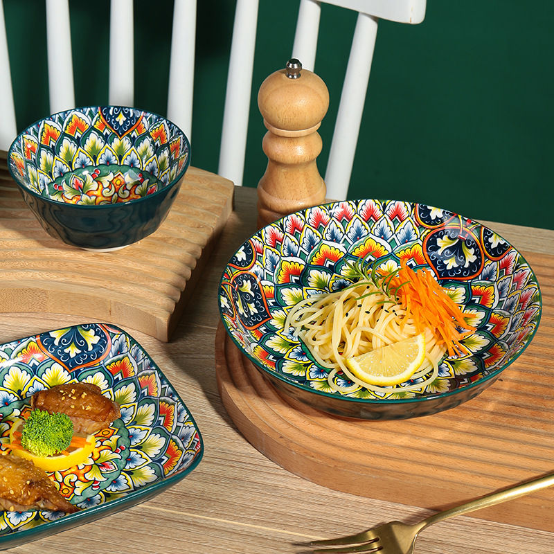 Bohemian bowl and plate tableware set manufacturer wholesale underglaze ceramic dinner plates, baking plates, rice bowls, tree-patterned soup bowls details Picture