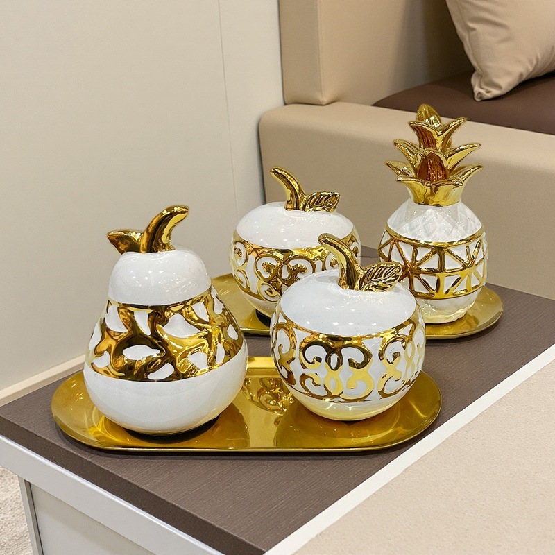 Electroplated white gold apple and pear storage jar, European ceramic vase, handicraft display item, soft decoration storage jar, luxurious fruit-shaped ceramic jar details Picture