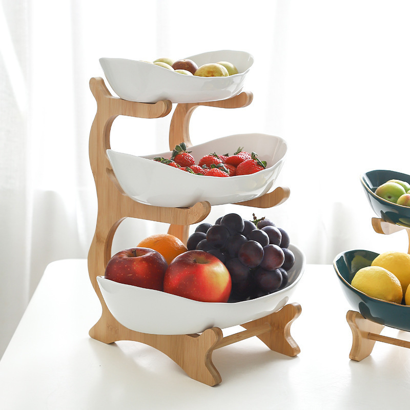 Multi-layer fruit and vegetable plate, bamboo and wood rack, ceramic creative double-layer snack and pastry plate, home living room dry storage