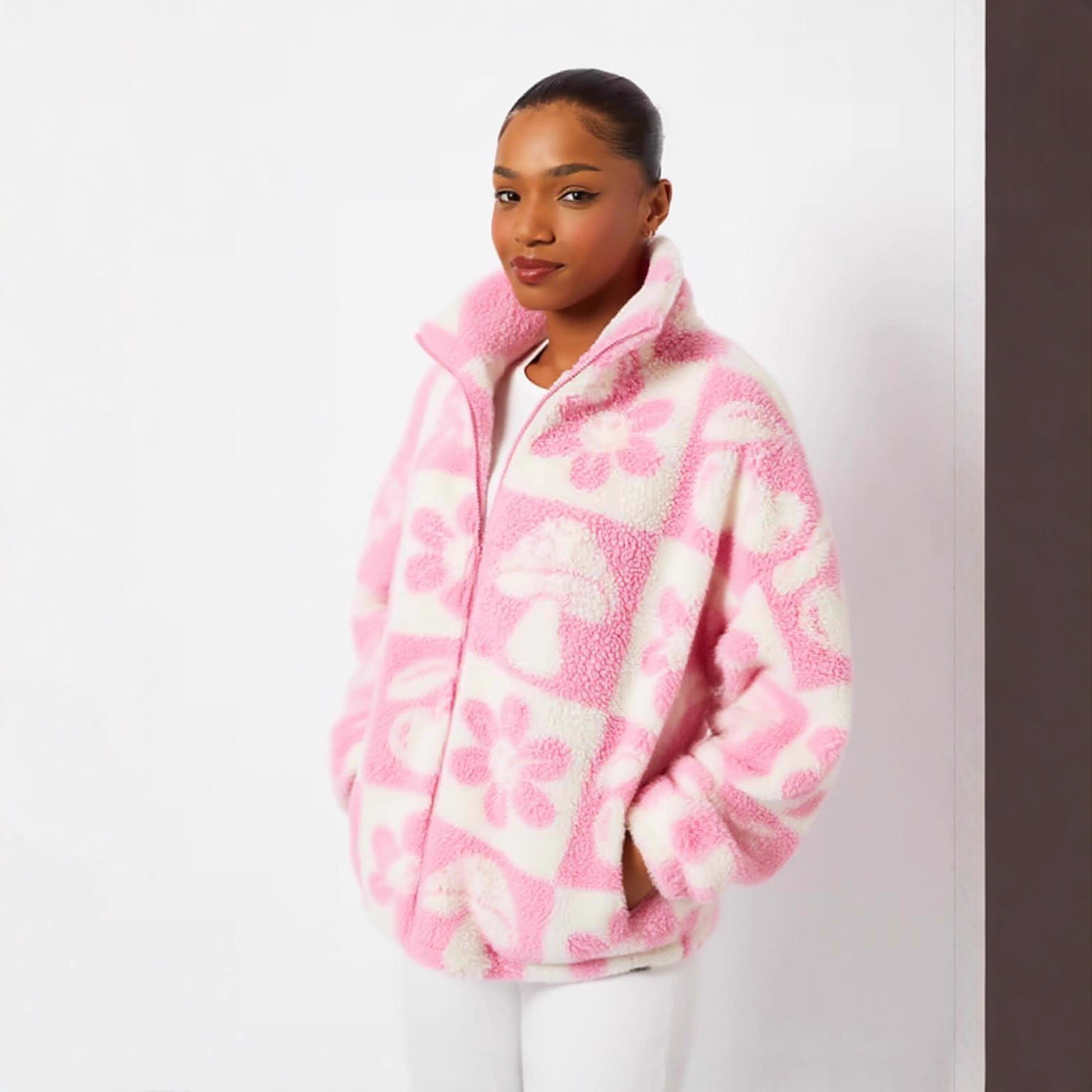 European and American cross-border 2025 winter new polar fleece jacket, women's zipper, elegant commuting, casual and versatile woolen coat Specification drawing