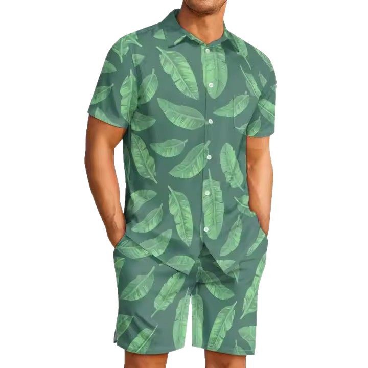 3D digital printed Hawaiian banana leaf printed men's Cuban collar shirt casual beach pants set Item Picture