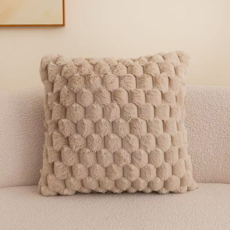 Cross-border Nordic-style imitation rabbit fur checkered pillowcase sofa, living room headboard, bay window, multi-color cushions, soft-padded cushions details Picture
