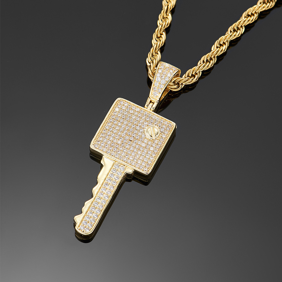 欧美爆款微镶锆石钥匙吊坠配件 铜镀真金潮流DIY项链配件工厂批发