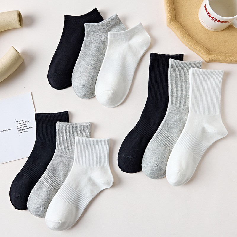 诸暨袜子女纯棉无骨中筒袜运动透气吸汗春秋季薄款黑白色男士长袜