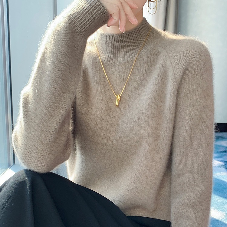 Seven-needle thickened semi-high-neck cashmere sweater for women, new autumn and winter style, skin-friendly and warm off-the-shoulder cashmere knitted sweater base layer