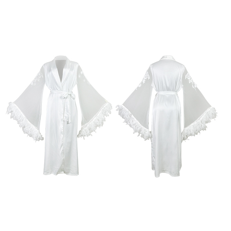 New sexy European and American bathrobes and pajamas, long-sleeved feathered women's satin home wear, thin 847 Item Picture