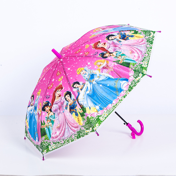 厂家批发小清新黑胶防滴水自动长柄直杆卡通雨伞防暴雨