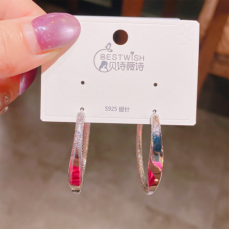 925银针冷淡风金属圆圈磨砂光面耳环女 时尚个性耳圈耳钉百搭耳饰细节图