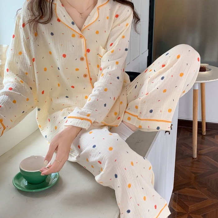 ins新款网红卡通小熊直播睡衣女春夏季长袖长裤泡泡皱宽松家居服