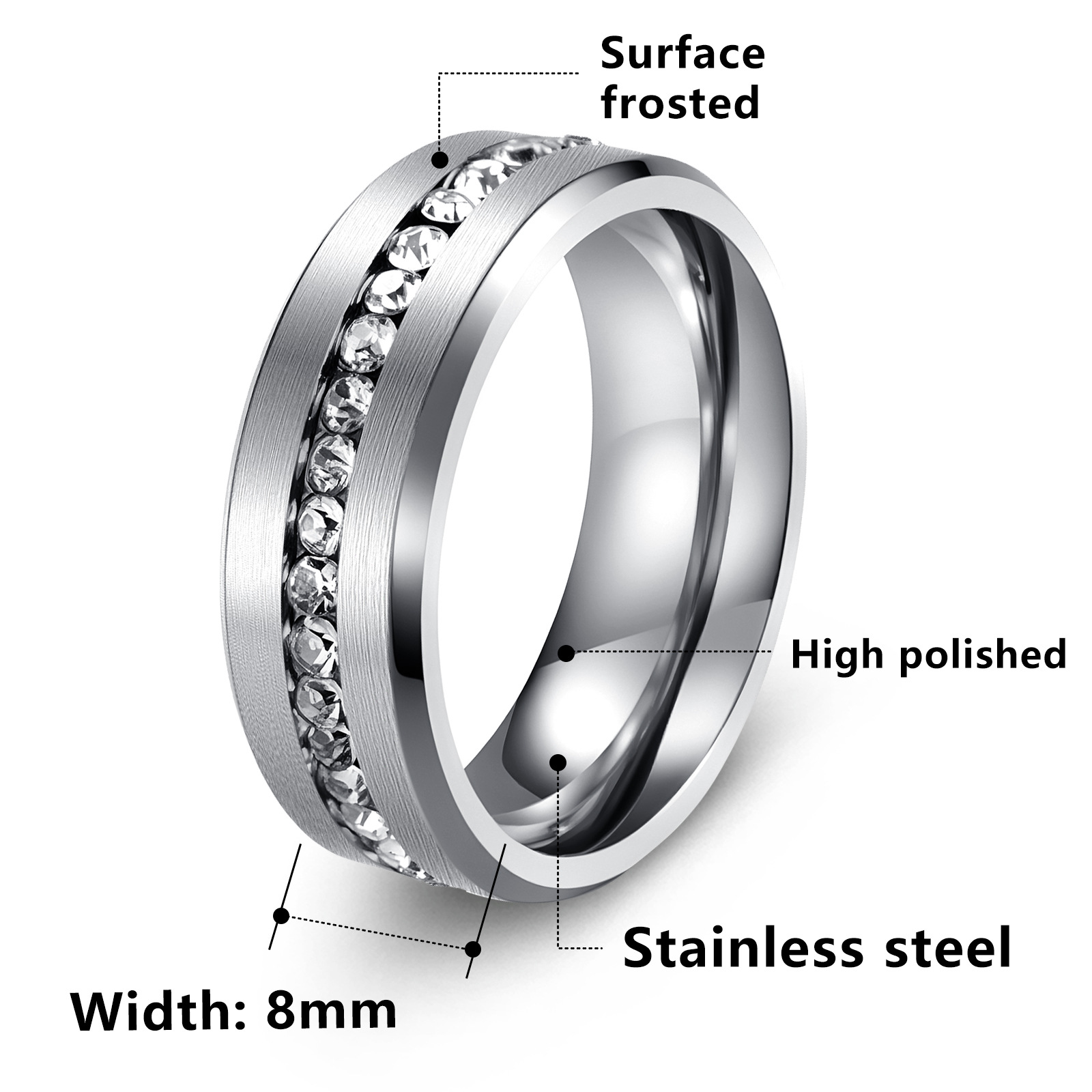 Amazon's best-selling 8MM wide single-row full diamond zircon ring, electroplated black stainless steel couple rings, cross-border jewelry Item Picture