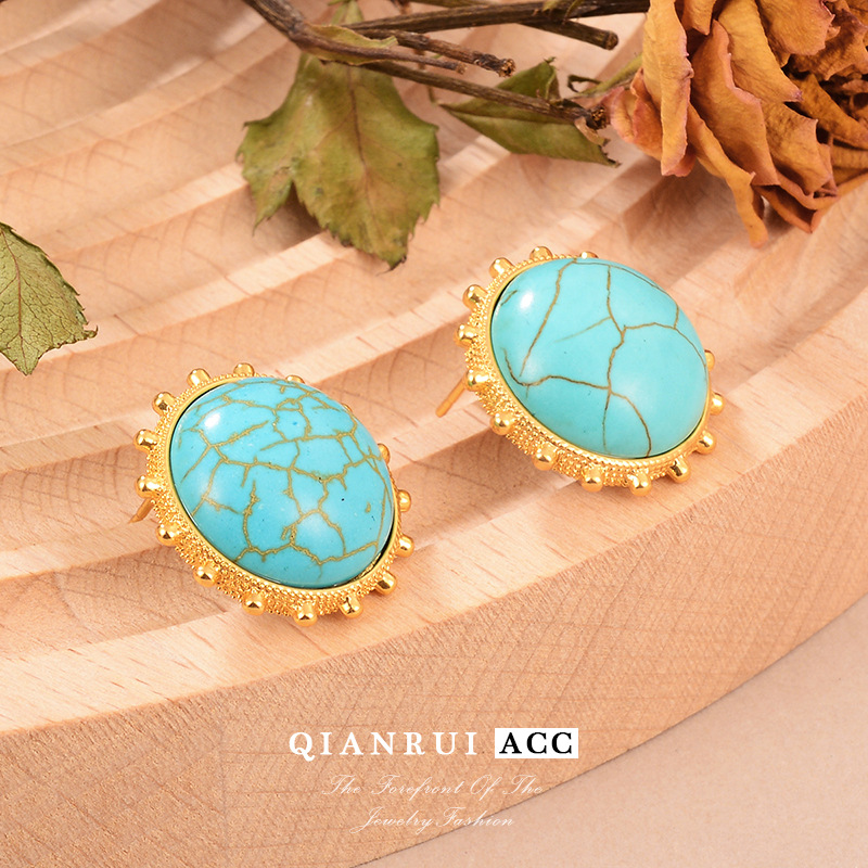 New sun round light luxury stud bead chain set, turquoise earrings, European and American fashionable retro geometric green earrings