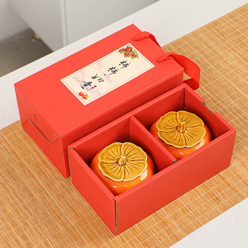 Creative, everything goes well Ceramic persimmon tea canister decoration, small household tea storage, good things come in pairs, gift box set Specification image