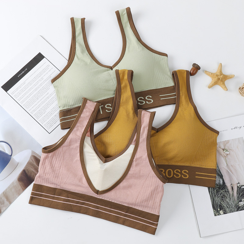 韩版无缝运动瑜伽文胸OT深V美背裹胸宽肩带撞色抹胸背心打底内衣产品图