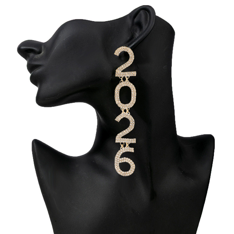 New cross-border New Year earrings with the number 2026 from Europe and America, exaggerated water diamonds, shiny earrings, AB full diamonds, New Year's Eve atmosphere, diamond-encrusted earrings details Picture