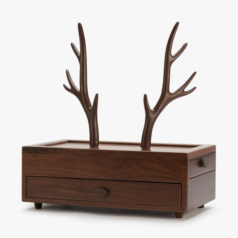 胡桃木首饰盒鹿角单层抽拉式珠宝收纳北欧风创意饰品收纳盒