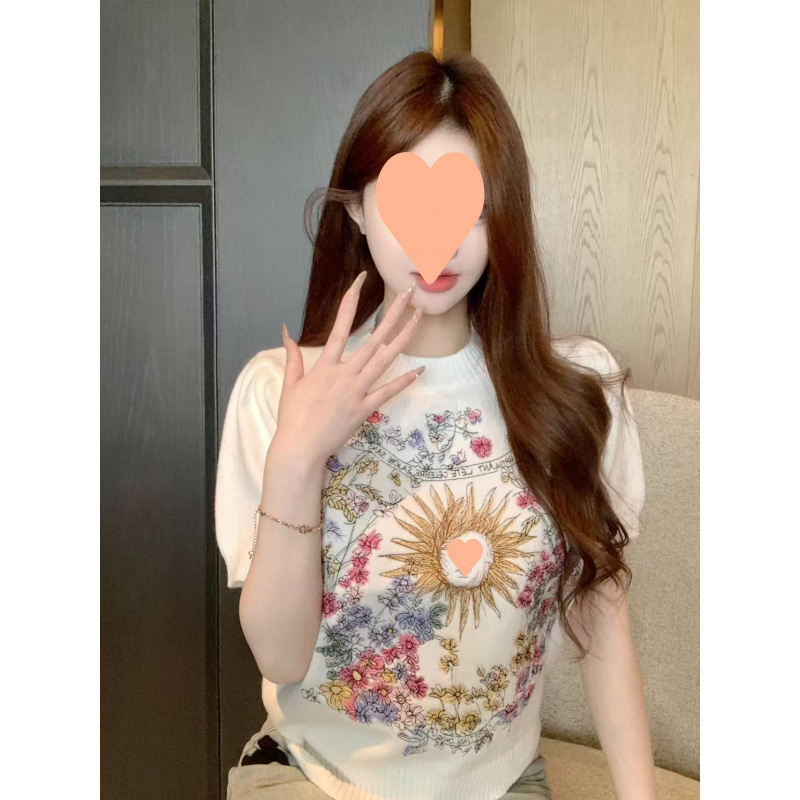Zhong Feifei's Spring embroidered knitted sweater, short-sleeved sweater, women's 2025 new style, unique and beautiful top, super elegant and good-looking Specification image