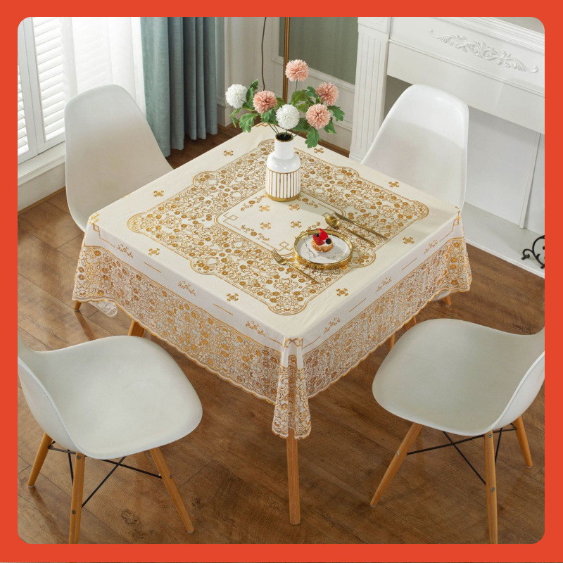 ✅厂家直销正方形PVC防水防油桌布 欧式蕾丝茶几台布烫金家用方桌细节图