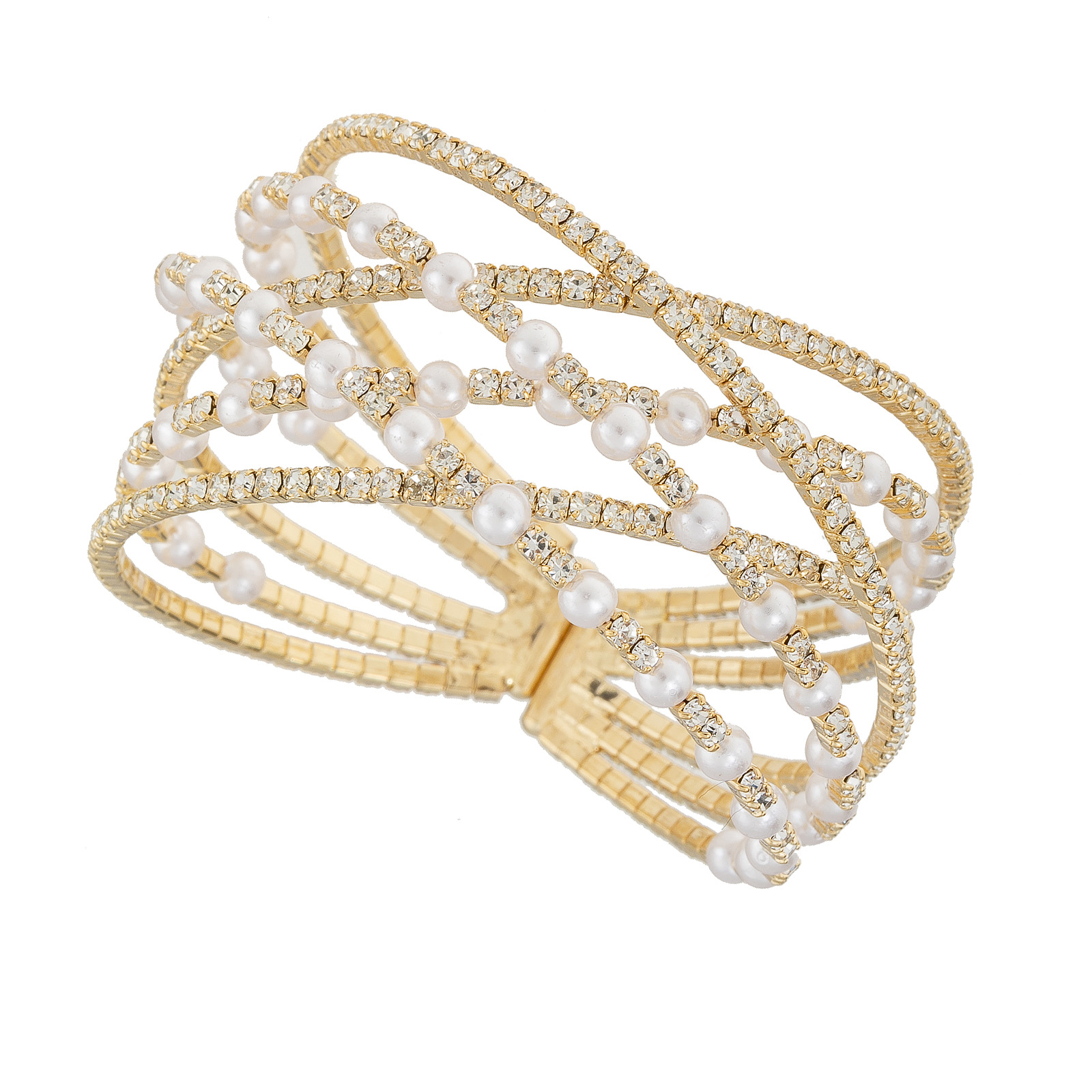 A novel six-row crossed elastic pearl bracelet for cross-border trade from Europe and America, featuring water diamonds for ladies' banquets and parties full figure