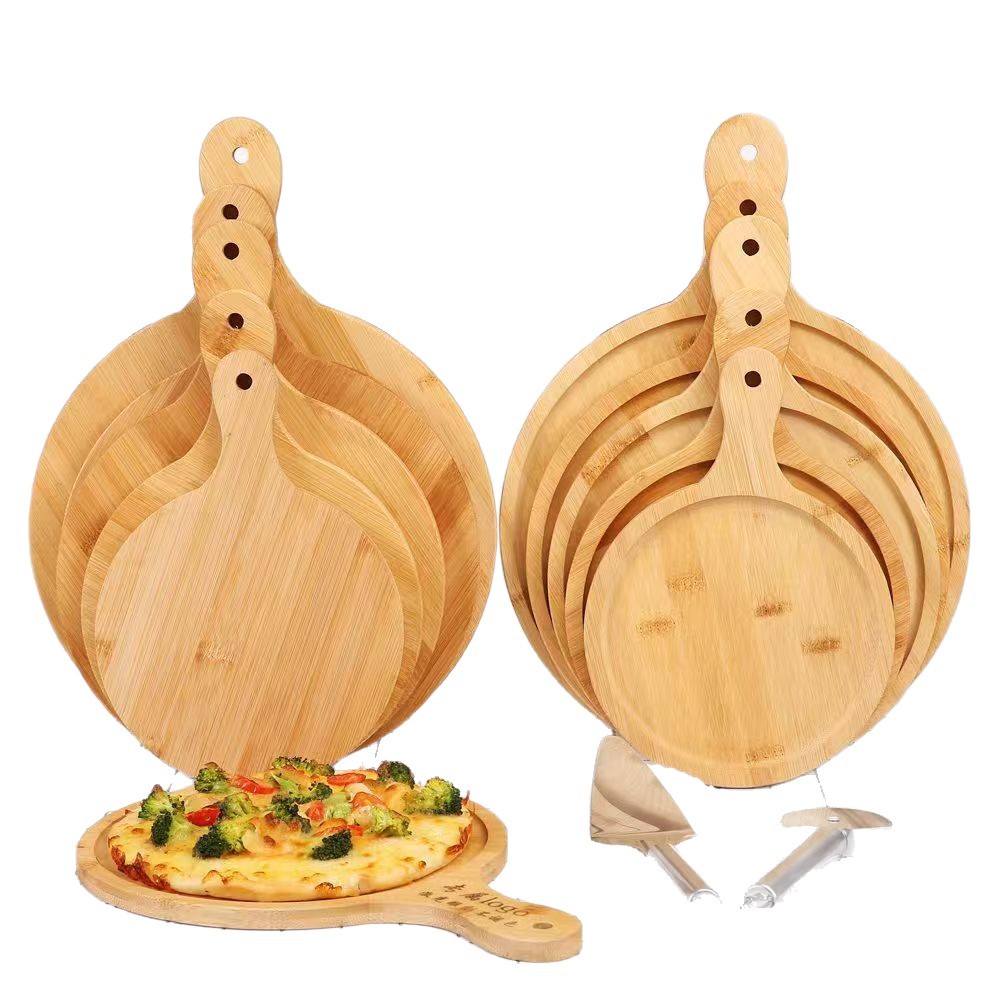 In-stock bamboo and wood pizza trays, restaurant bread and dessert trays, wooden pizza boards with handles, sushi and cake trays Item Picture