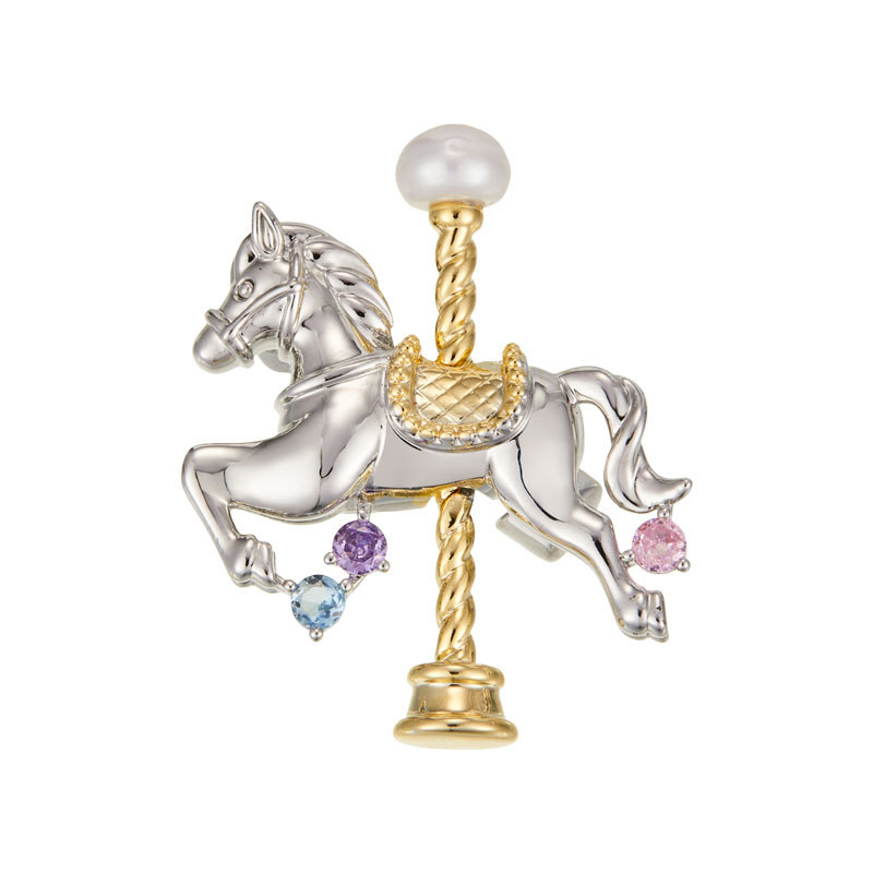 Light luxury two-tone gold dreamy carousel brooch, copper alloy inlaid zircon freshwater pearl exquisite women's dress pin Item Picture