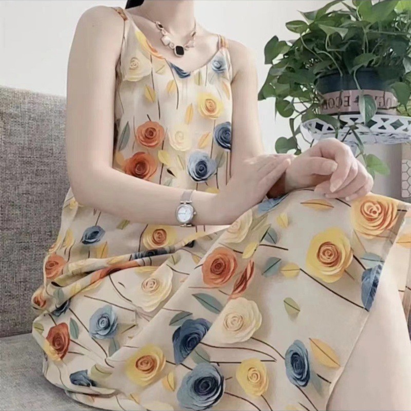 Dress: Elegant printed halter dress, floral fashion long dress, women's sleeveless new Chinese-style halter dress, floral dress for outerwear details Picture