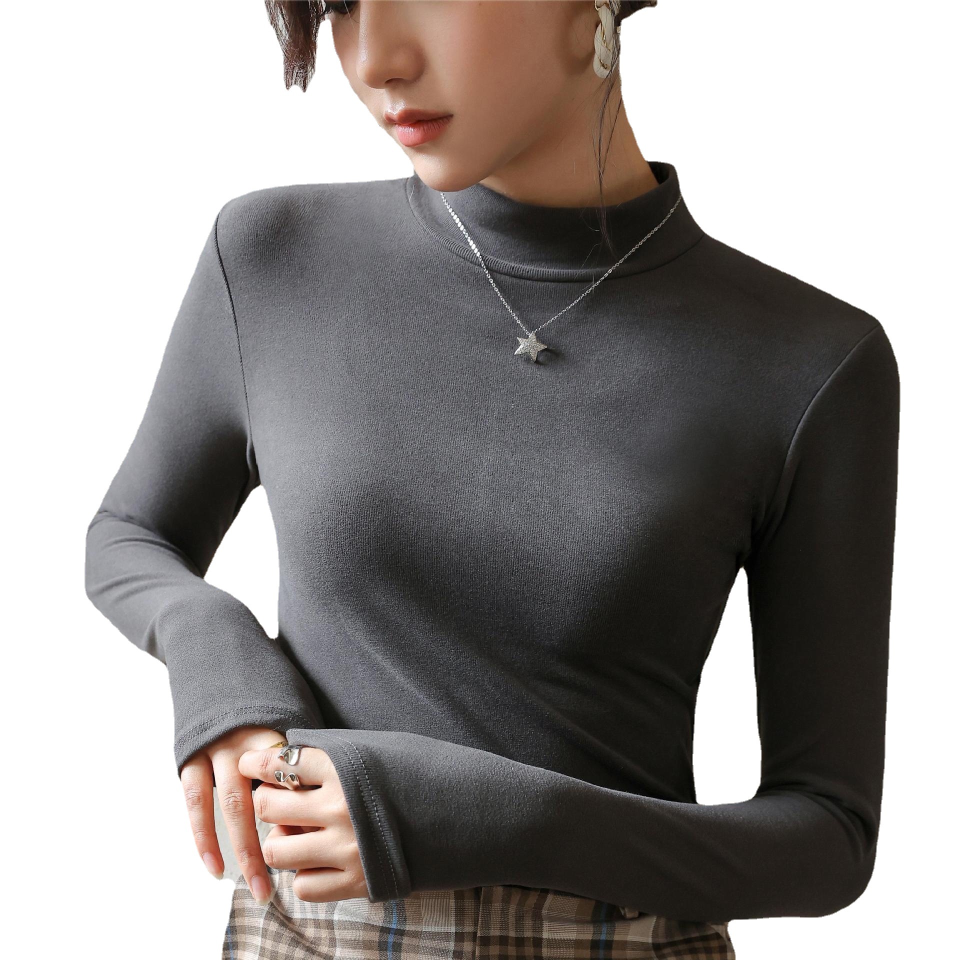 A semi-high-necked fleece base layer for women to wear as an inner layer in autumn and winter. It is a long-sleeved mid-necked solid color fitted base layer Item Picture