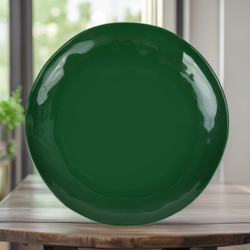 Export melamine imitation porcelain tableware, dark green round dinner plates, vegetable plates, small plates, commercial plastic round bone-spitting plates OEM full figure