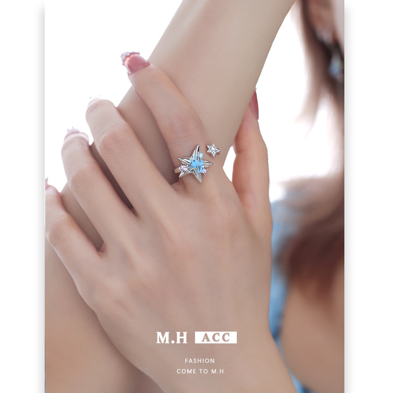 Starlight Blue Cat Ring, women's fashion, simple, sweet and cool style, exquisite, individual, niche design sense, open index finger ring wholesale Specification image