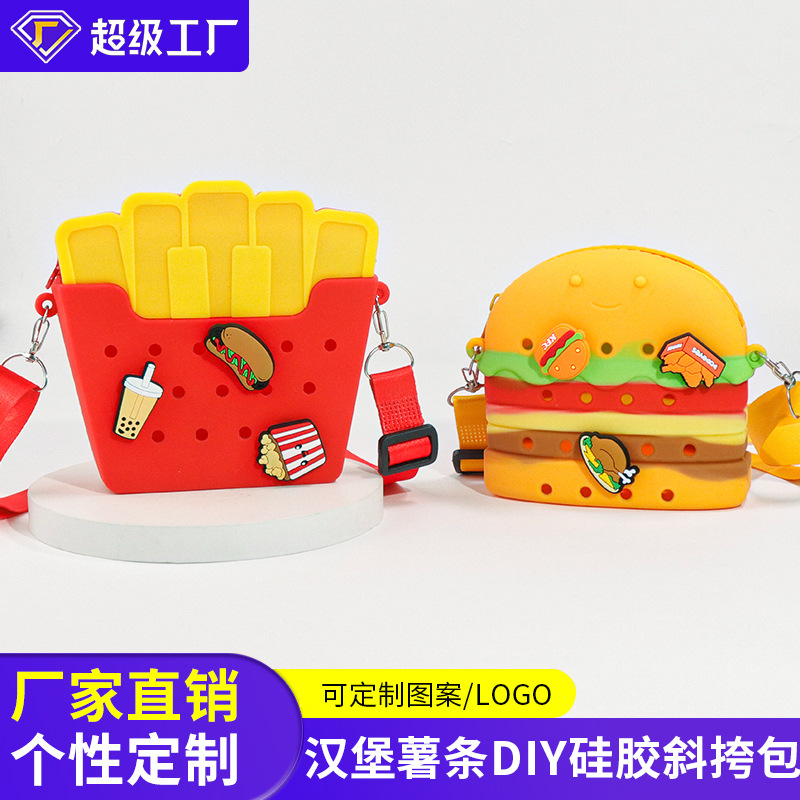 Personalized simulation food DIY silicone hole bags, cute French fries and hamburgers crossbody bags, cartoon children's bags wholesale