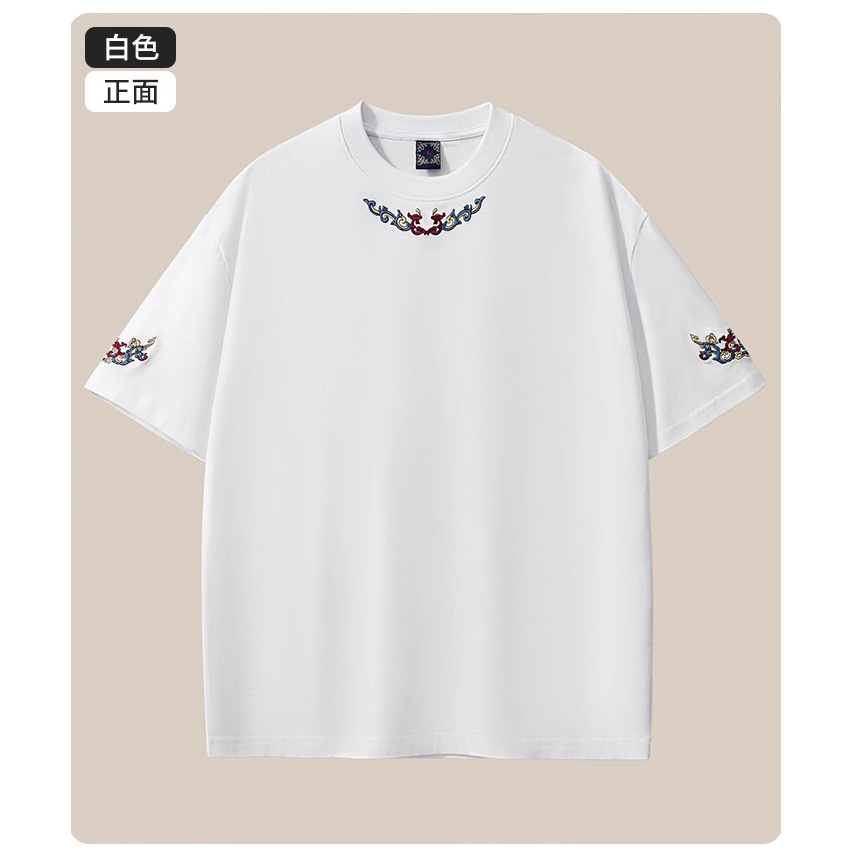 Wholesale of 260-gram heavy-duty pure cotton short-sleeved T-shirts for men with Chinese style embroidery and loose, large-sized men's clothing in summer 2025 Specification image